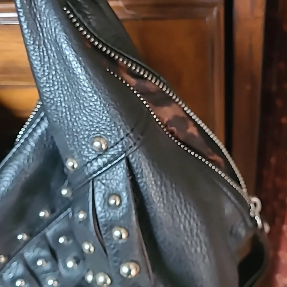B Makowsky Black Leather Studded Fringed Hobo Bag